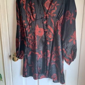 Satin Zara Black Red Flower Dress